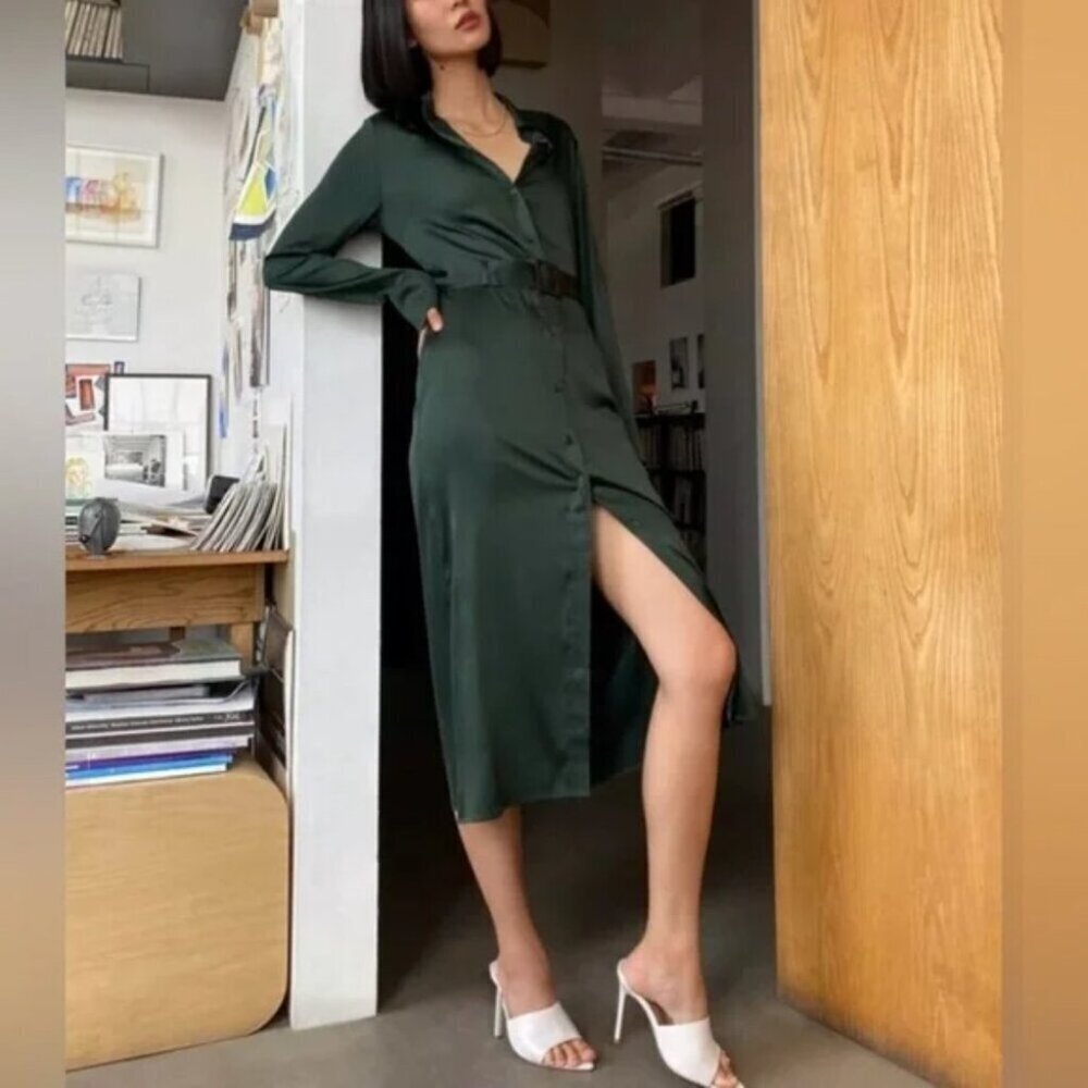 Aritzia Babaton Amory Satin Belted Shirt Dress Midi Dark Green Size 0